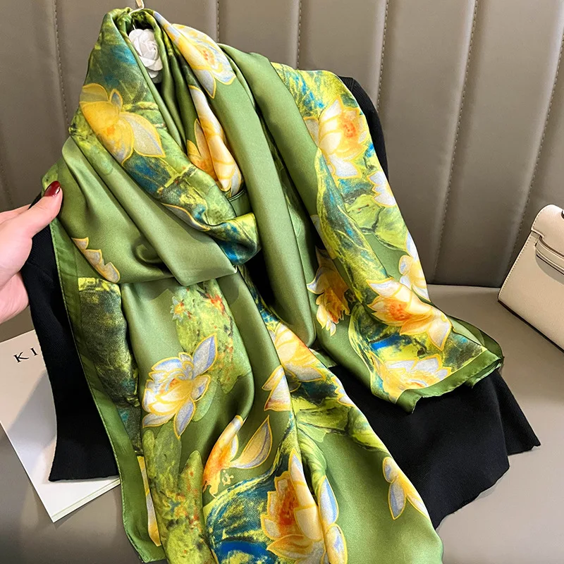 Fashion Print Large Shawl Wraps Silk Scarf Women Luxury Brand Satin Headband Hijab Bandana Turban Foulard Summer Beach Stoles