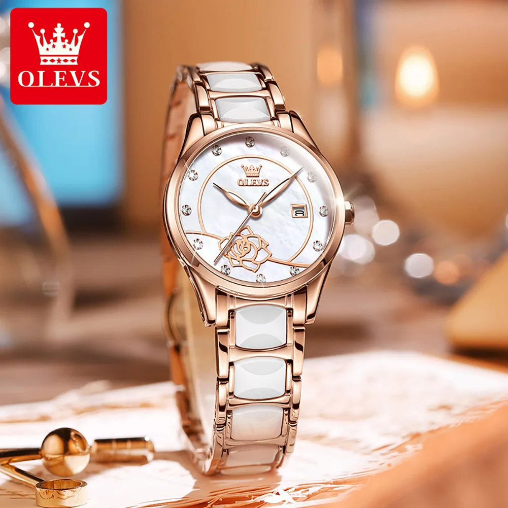 

OLEVS Rose Gold Ceramic Japan Quartz movement Ladies Watch Elegant Fashion Luxury Luminous Valentine's Day Gift for Women