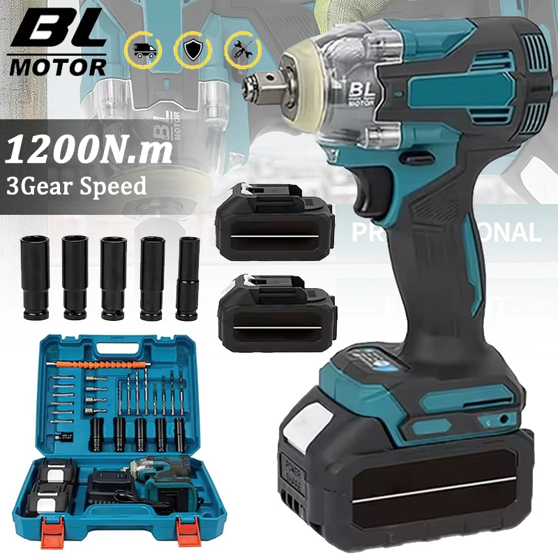 Llave de impacto eléctrica sin escobillas de 1200N.M, taladro eléctrico inalámbrico de 1/2 pulgadas, destornillador, herramientas eléctricas para batería Makita de 18V