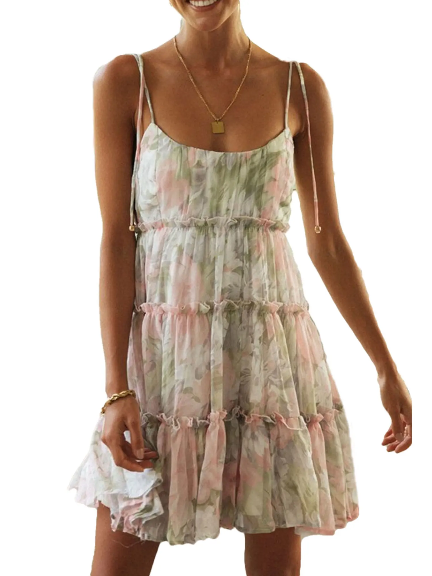 Sweet Summer Suspender Strap Floral Sundress Women Sling Lace-Up Dress A-Line Boho Lady Swing Ruffles Short Dress Backess