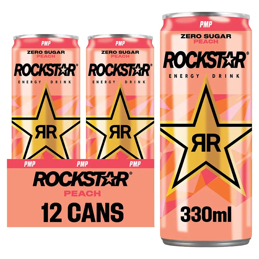 Rockstar Peach Energy Drink Can Pack of 12 x 330ml