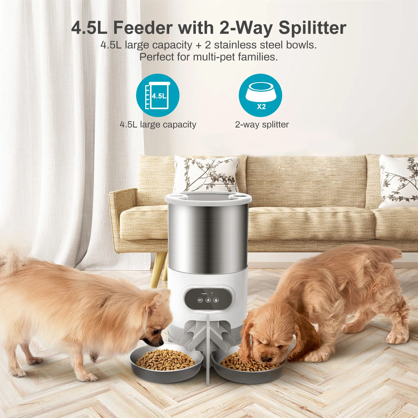 

4.5L Feeder with 2-Way Spilitter Pet feeder With Timing Recording Stainless Steel for Cats Dogs, WIFI Control