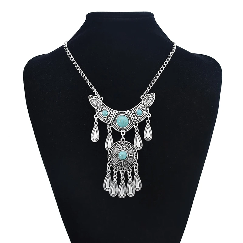 Vintage Ethnic Multilayer Water Drop Tassel Statement Necklaces for Women Boho Blue Beads Carved Silver Color Necklaces Jewelry