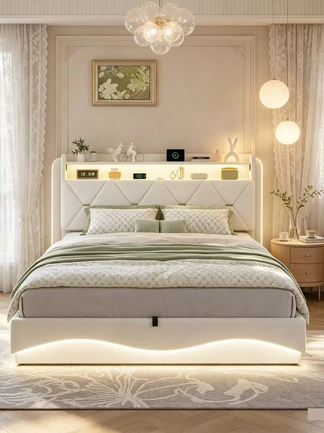 Gestoffeerd tweepersoonsbed 140x200, hydraulisch opbergbed met led- en usb-aansluiting, boxspringbed 160x200, kinderbed met opbergbaar hoofdeinde, bedframe met lattenbodem, fluweel, beige/grijs - afbeelding 2