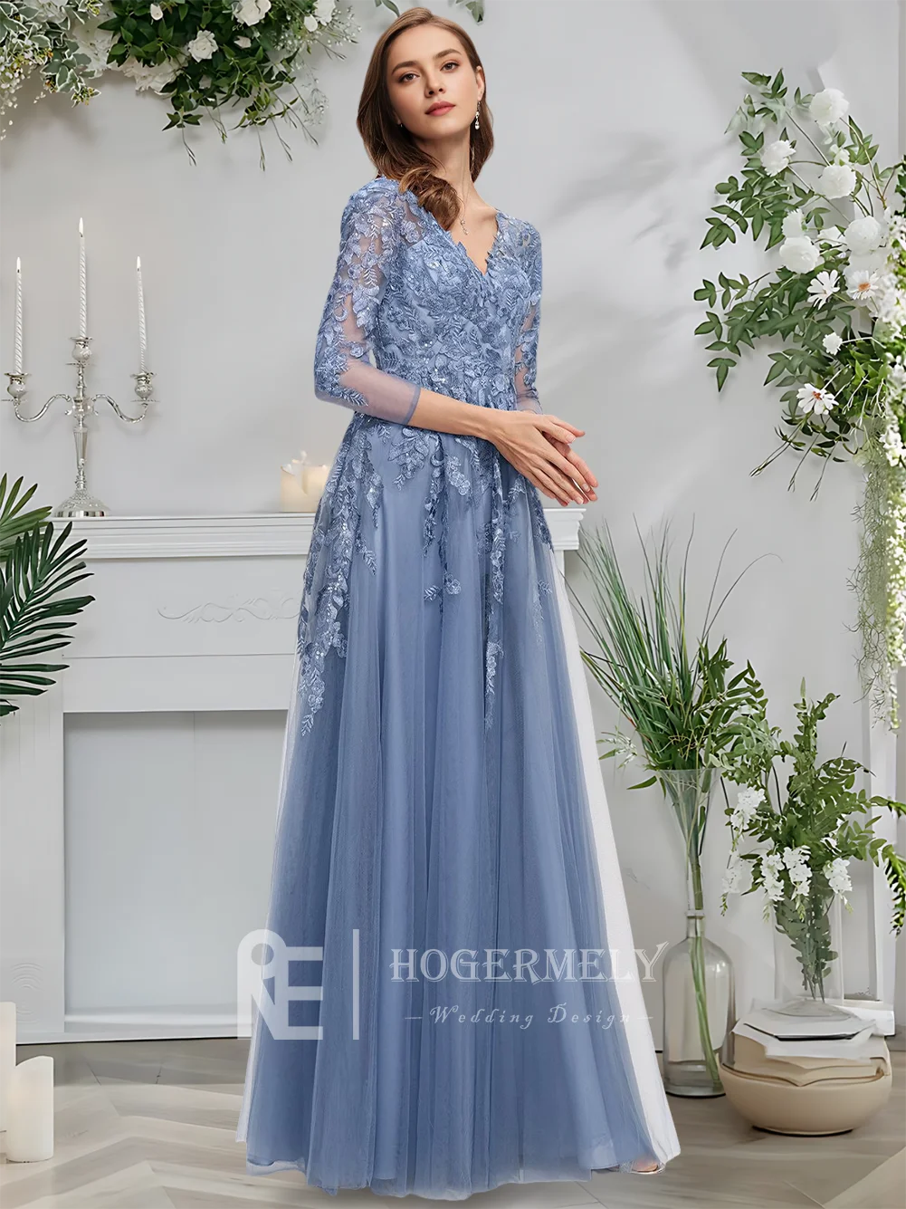 Bを入力してください ​ イブニングドレス スレートブルー Aライン Vネック チュール レース プロムドレス 2025 マキシレングス スパンコール付き 7/4スリーブ ウェディングパーティー フォーマル