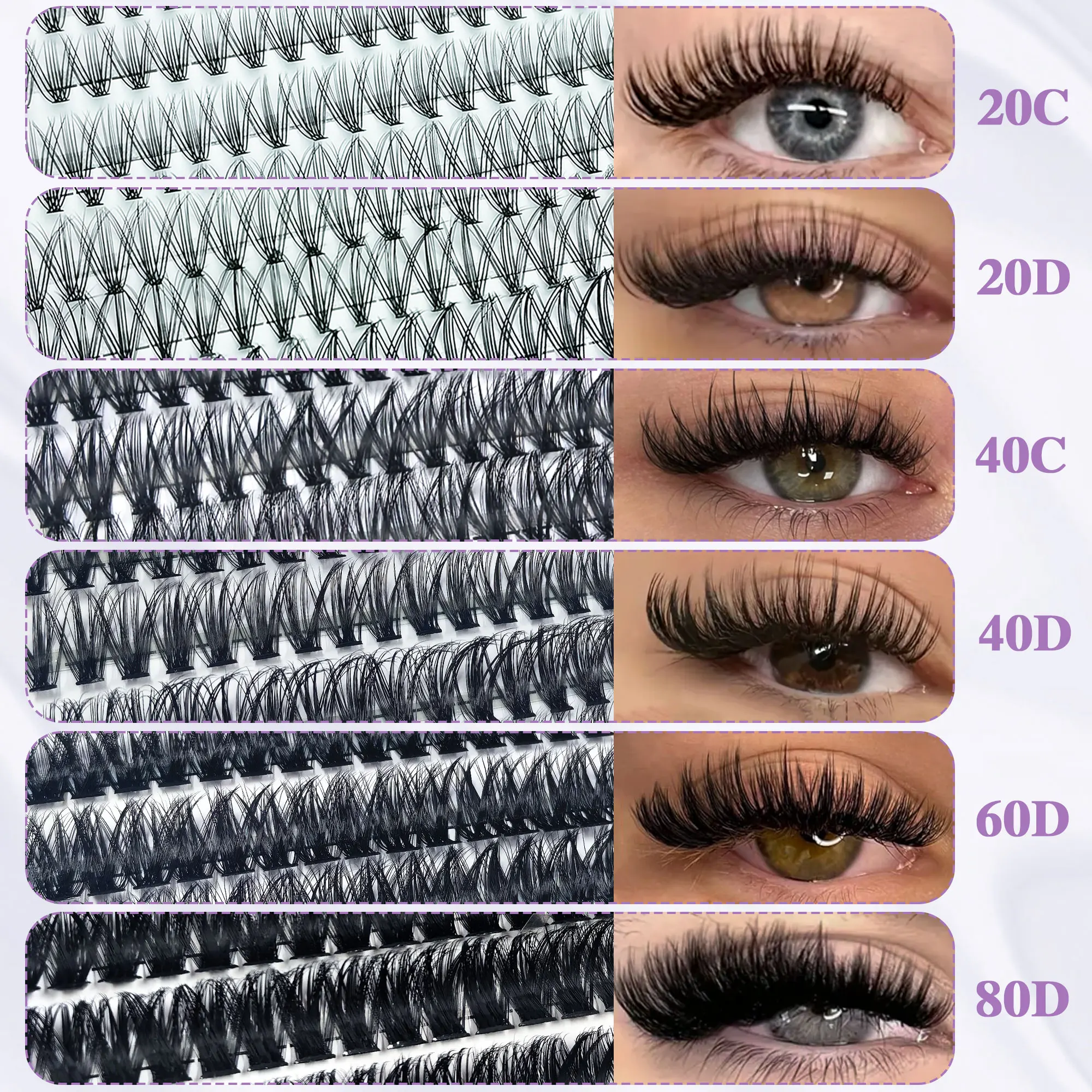 200 Clusters - 20 C/20 D/40 C/40 D/60 D/80 D D I Y False Eyelashes, Fluffy Natural 3 D Eyelash Extensions, 9-16 mm Mixed Length