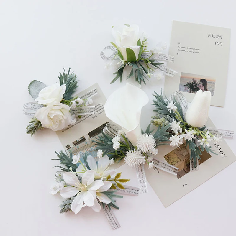 Wedding Wrist Corsage And Boutonniere Wedding Flower Art Business Celebration Opening Guests Grey White Forest Series