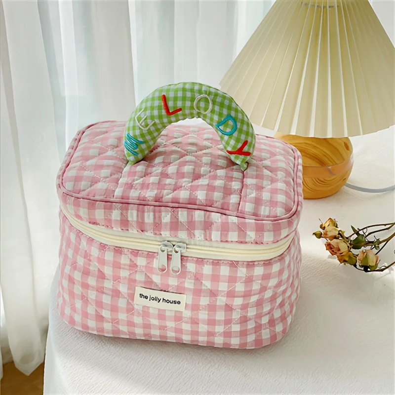 1pc cute color contrast check delicate bucket makeup bag for ladies outdoor travel