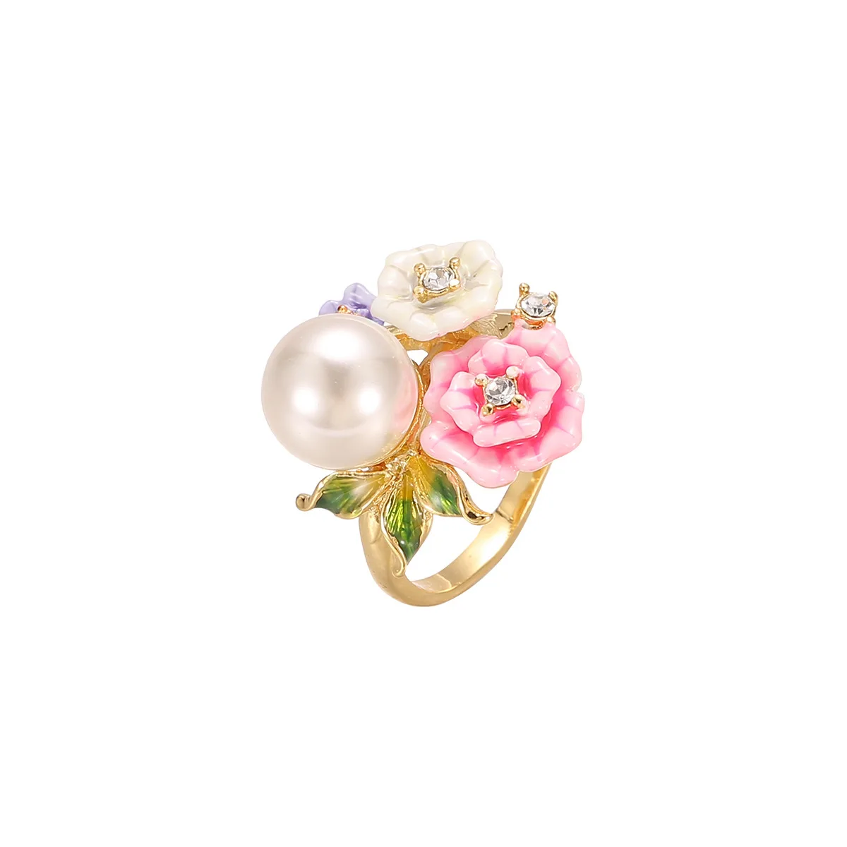 

Pearl Flower Ring for Women Handmade Enamel Flower Ring Temperament Finger Rings Anniversary Wedding Birthday Jewelry Gift