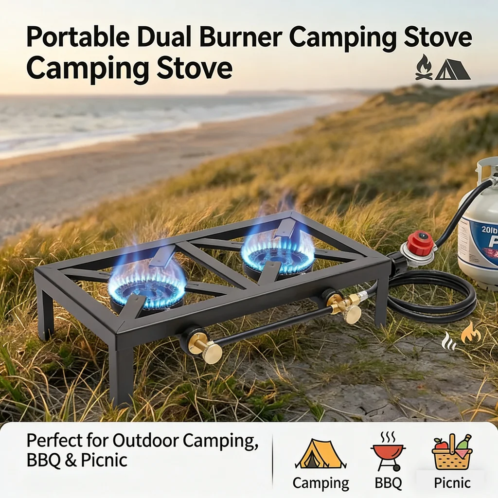 Tragbarer Camping-Gaskocher für Outdoor-Kochen 8000W Doppelbrenner BBQ-Grill für Picknick und Camping mit Propangas-Nutzung und Einstellmöglichkeit