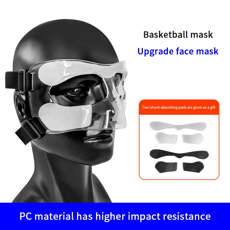 Basketball Face Mask Adjustable Face Shield with 2 Shock-Absorbing Pads Nose Guard for Broken Nose Shatterproof PC Material