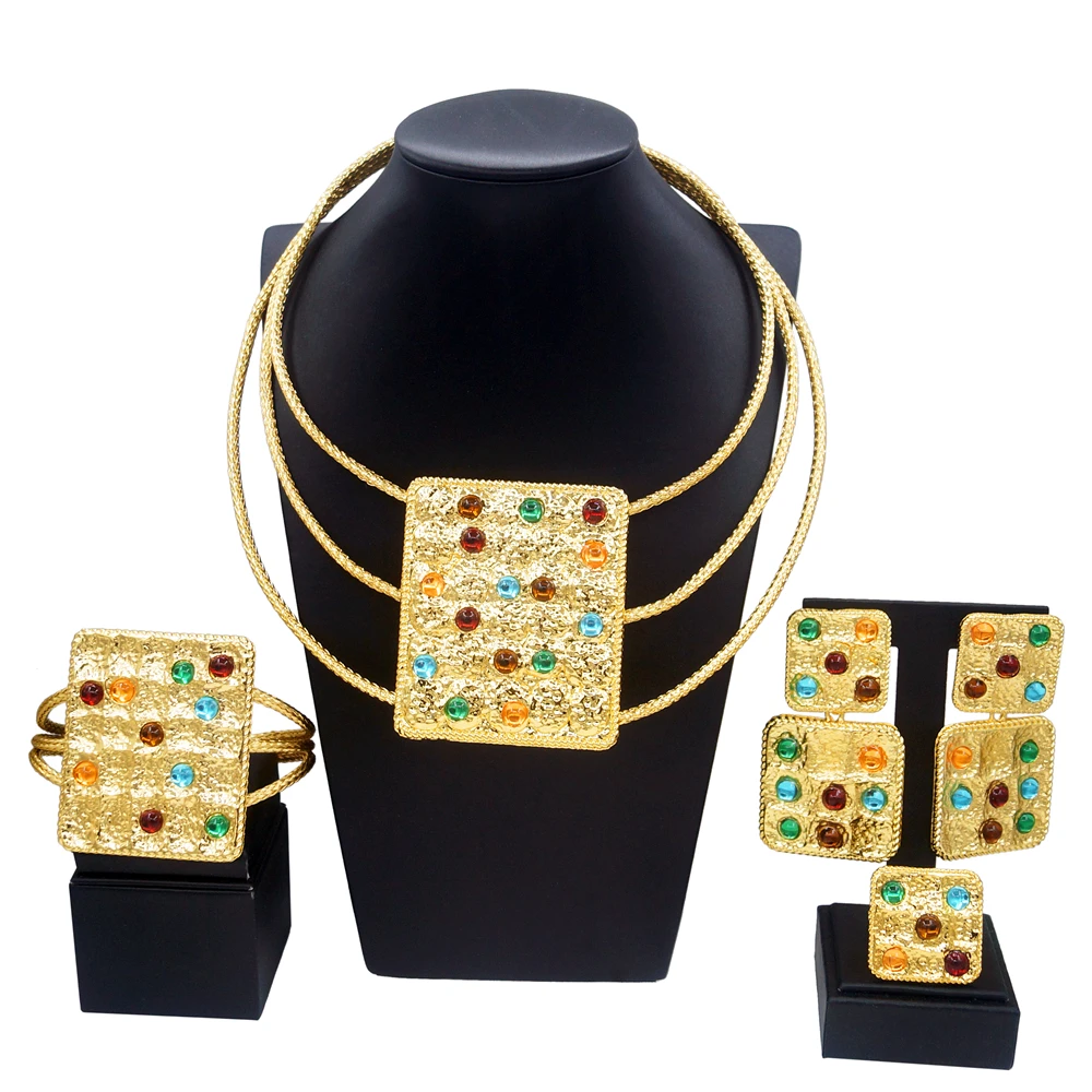 Women Jewelry Set Brazil Gold Plated Pure Copper Material Artificial Gemstone Luxury Necklace Bracelet Ring  Nigeria Jewelr