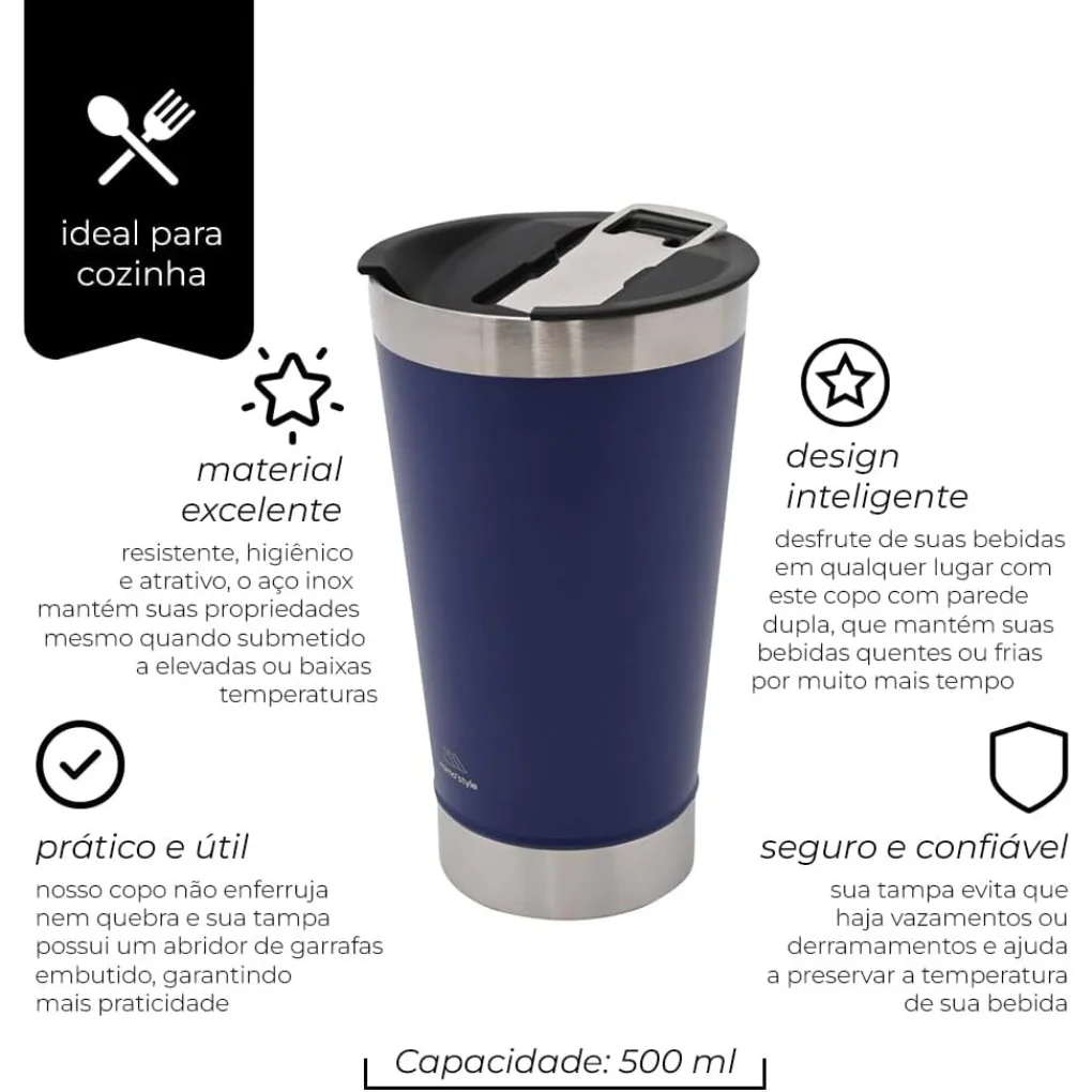 Hot Beer Cup, Soft Drink, 600ml Water with Blue Stainless Lid, Temperature Conserve and Ideal for Cold Drinks