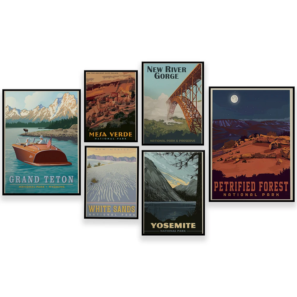 Yosemite, Grand Teton, Zion, Pinnacles, Petrified Forest, New River Canyon, Acadia, Mesa Verde National Park travel poster