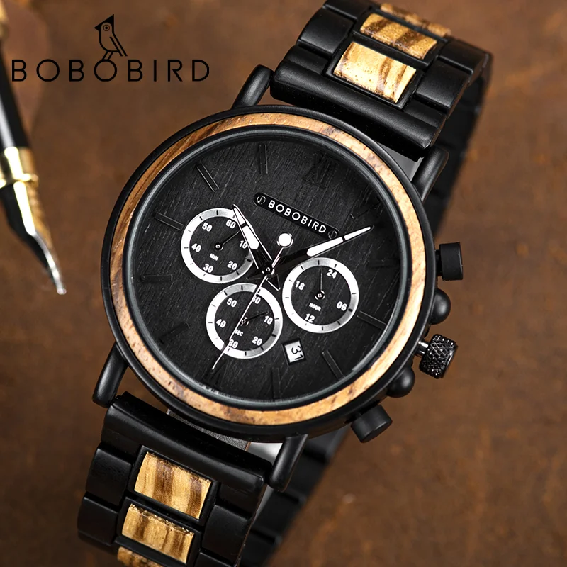 

BOBO BIRD Brand Watch Men Wooden Fashion Watches Men's Luminous Quartz Wristwatch Chronograph Male Clock Relogio Masculino