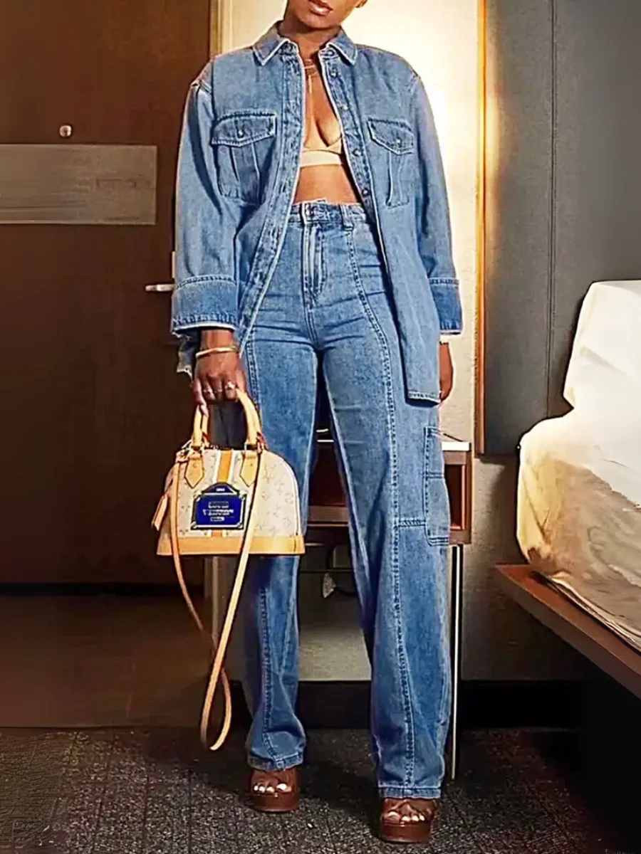 【HME】Jeans | Vertical Seam Side Cargo Pocket Denim Pants, High Waist Straight Leg Denim With Structured Light Wash Fabric, Classic Five-Pocket Utility Style, Versatile Pants For Women Daily Commute & Denim Co-ord Outfits