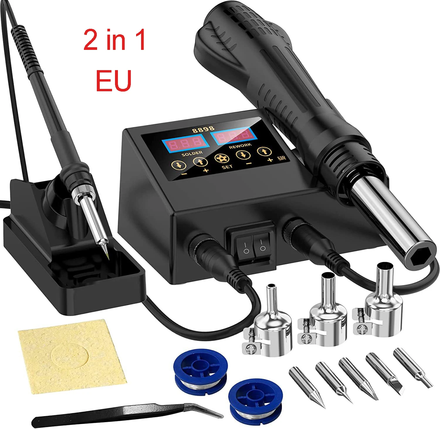 2-in-1-Lötstation mit digitaler Anzeige, Heißluftgebläse, Schweißgerät für die Reparatur von Mobiltelefonen, BGA, SMD, PCB, IC, Lötwerkzeuge