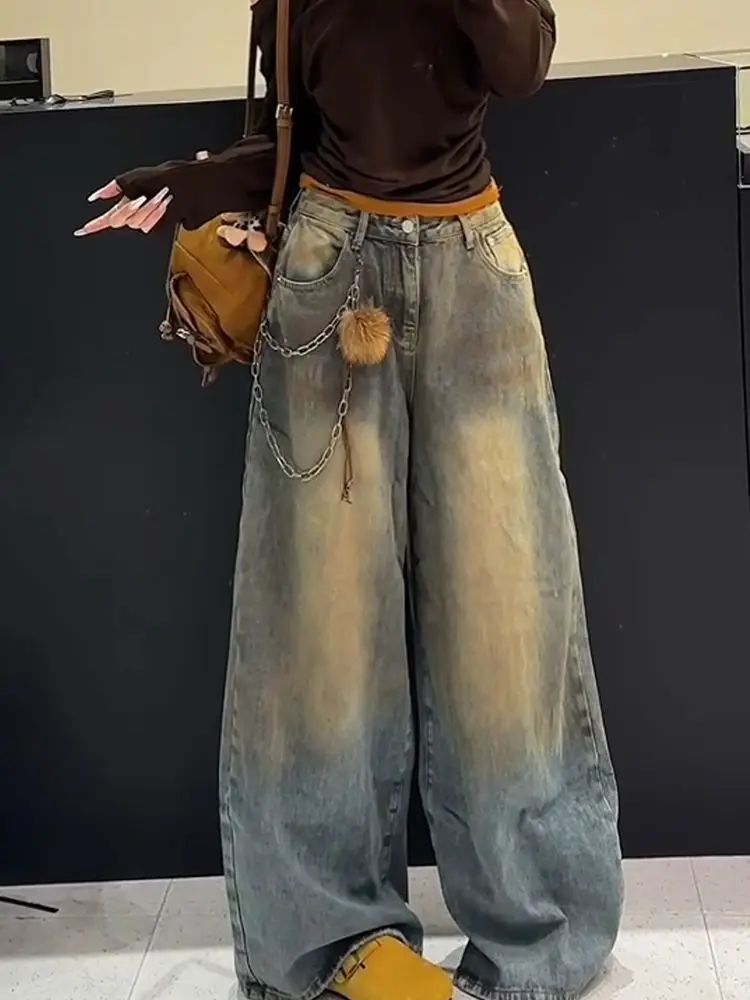 

Женские ретро-джинсы Y2K в стиле 2000-х, уличные, в американском стиле, с эффектом грязи, тай-дай, рваные, с высокой талией, широкие брюки