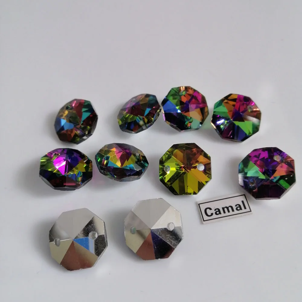 Camal 20pcs 14mm 1/2 Holes Rainbow Glass Crystal Octagonal Loose Bead Prism Pendant Chandelier Suncatcher Lighting Ornament Part