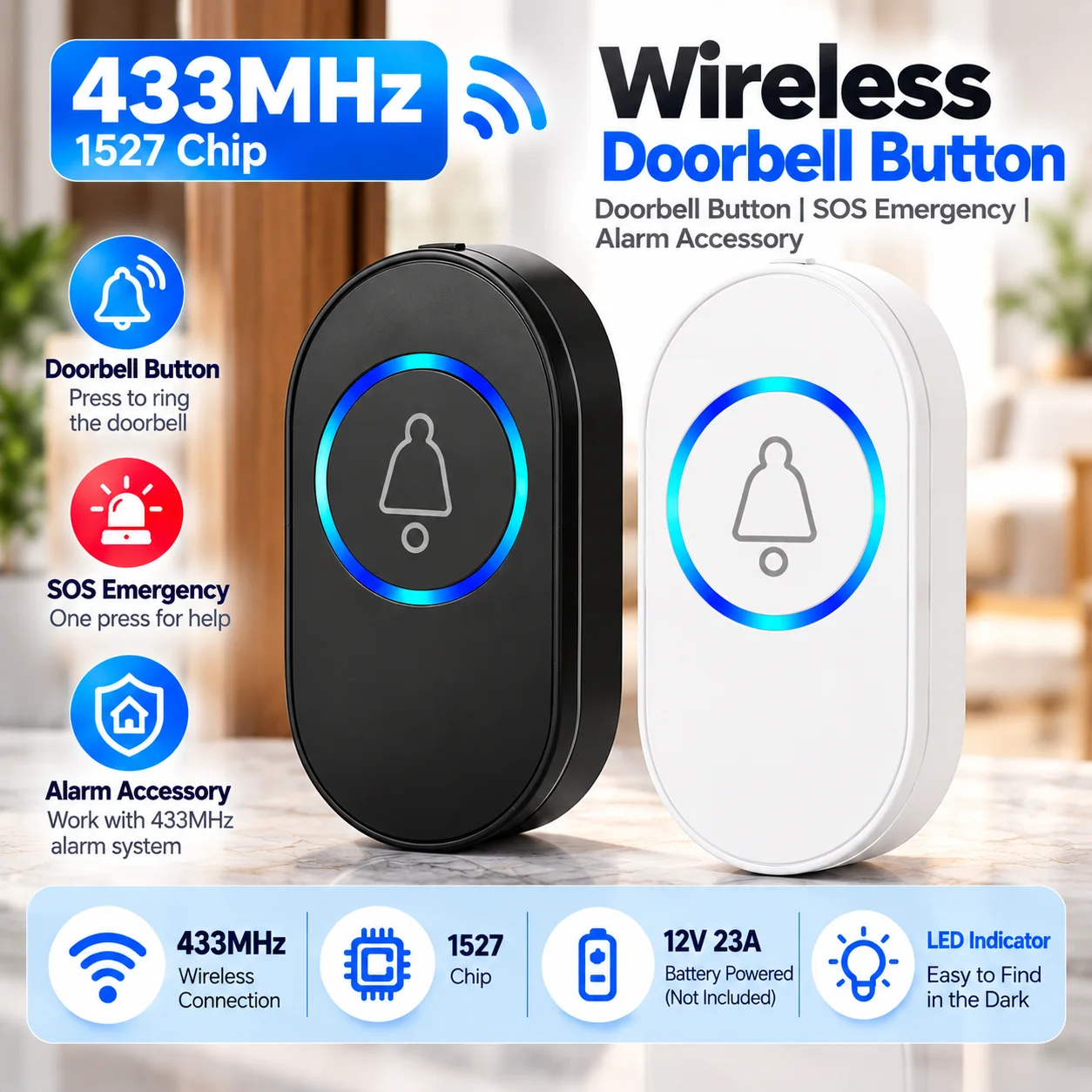 433MHz Waterproof Wireless Doorbell Button SOS Emergency Panic Button LED Night Vision Fluorescent Ring Flash Alarm Accessories