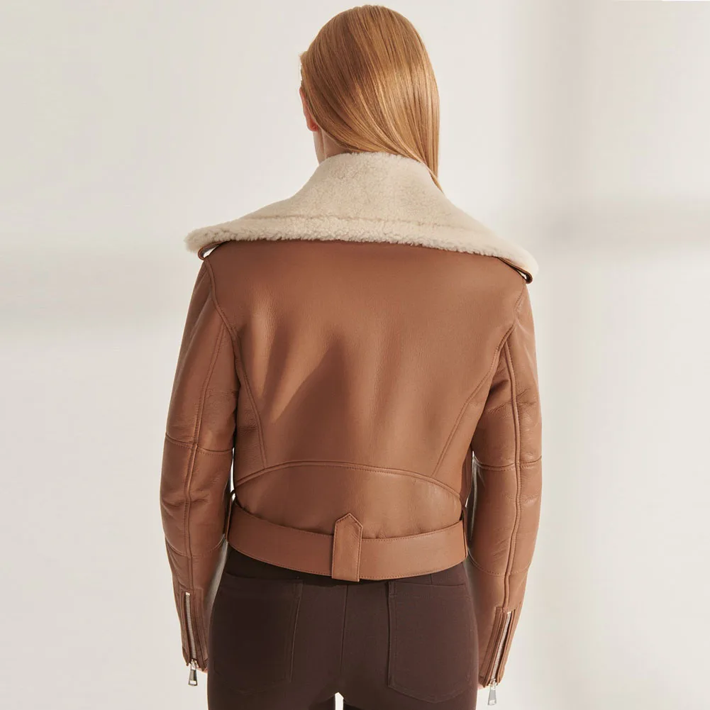 Joyce & Dora-Chaqueta de piel de oveja Natural para mujer, abrigo cálido de invierno, color marrón