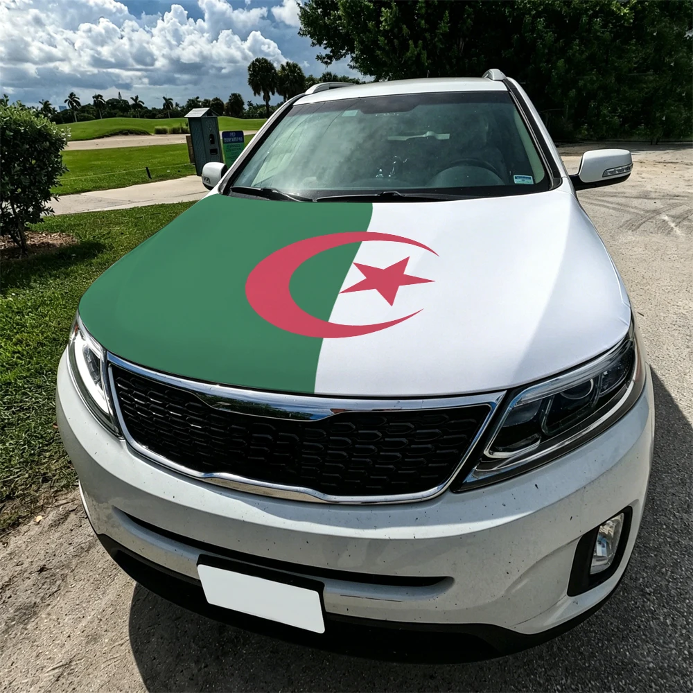 3.8x5.3ft Algeria Car Hood Cover Flag Algerie Car Bonnet Banner Elastic Fabrics Windproof Patriotic Automotive Hood Covers