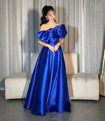 Customized Elegant Long Royal Blue Satin Evening Dresses with Pockets/Bow فساتين سهرة A-Line Floor Length Prom Dress for Women