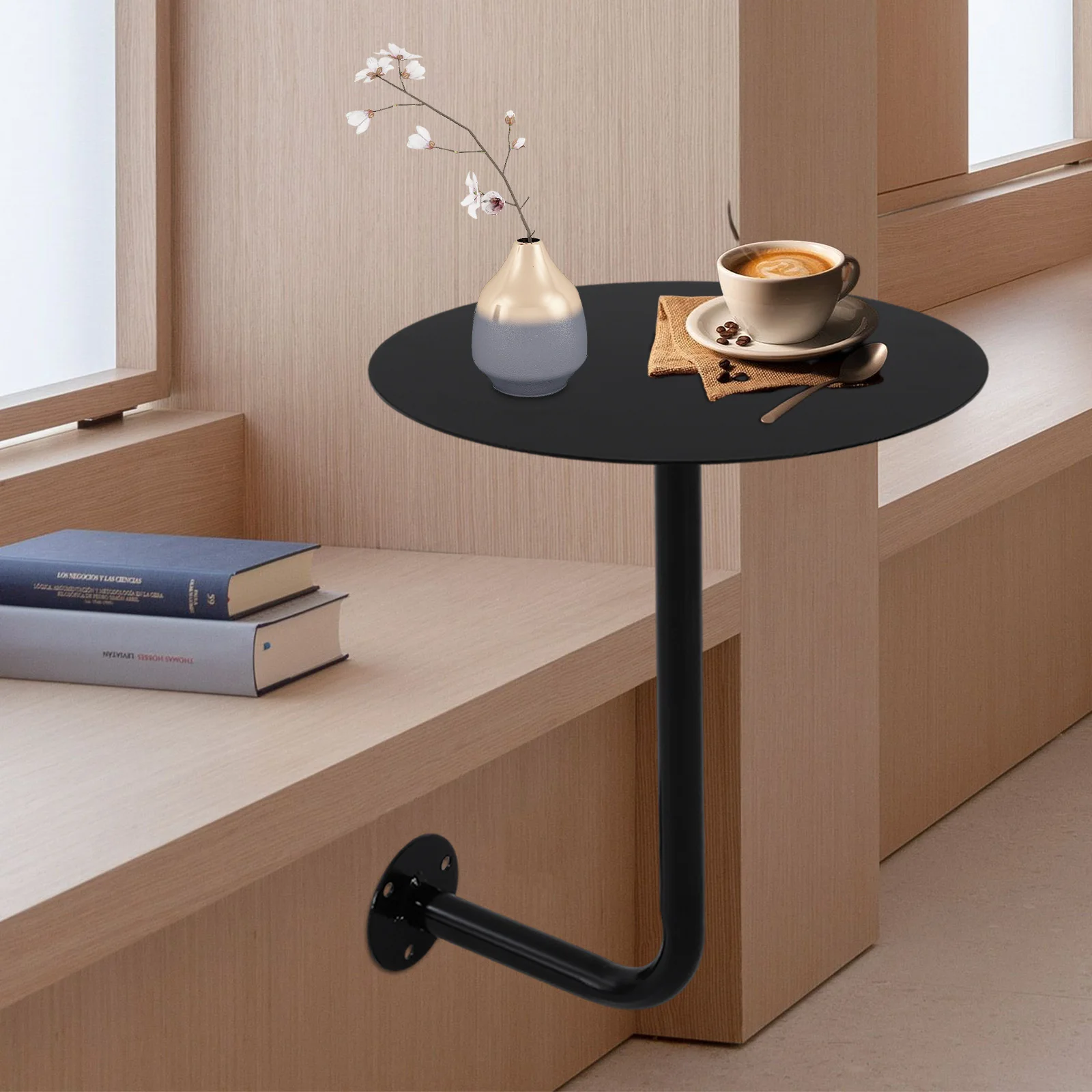 Wall Mounted Round Coffee Table, Industrial Black Pub Table with 33lb Capacity, Space Saving Bar Table for Home & Commercial