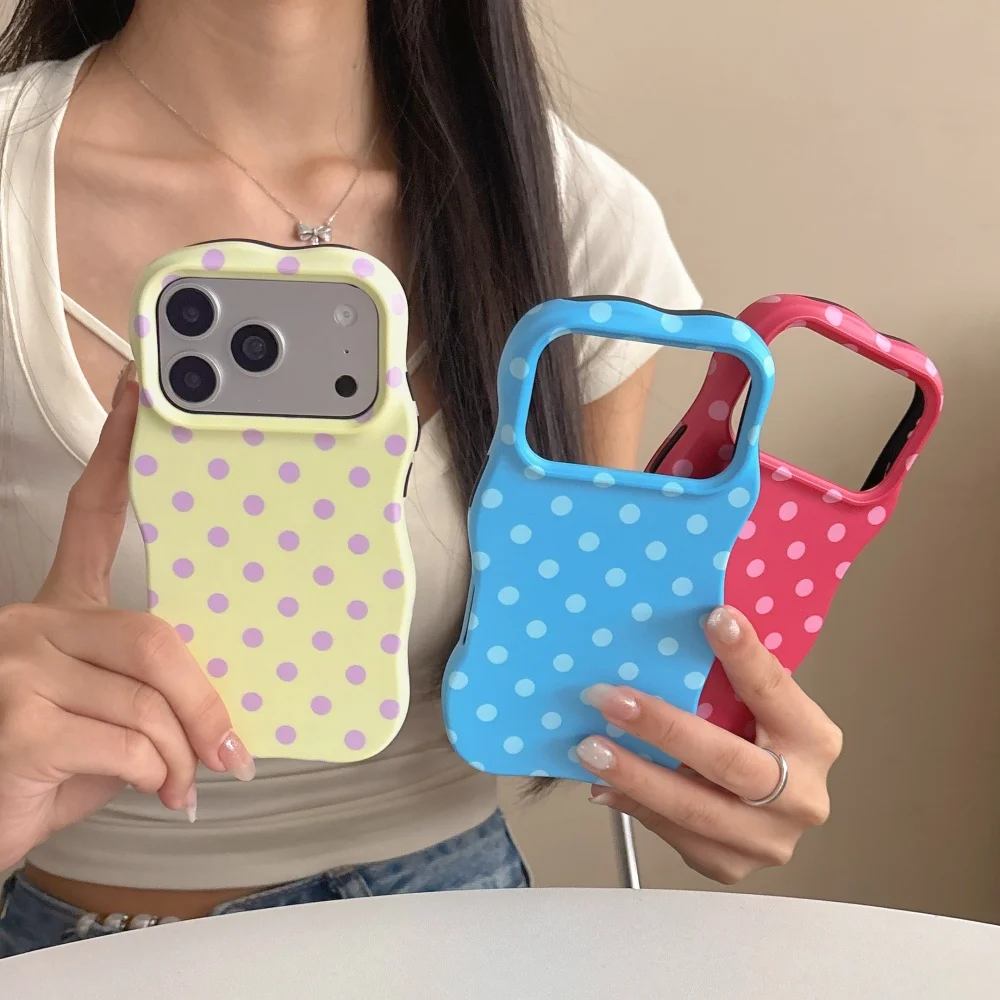 

New Korean INS Candy Color Polka Dot Wavy Frame Phone Case For iPhone 17Promax 16 15Pro 14 13 Fashion Shockproof Protective Case