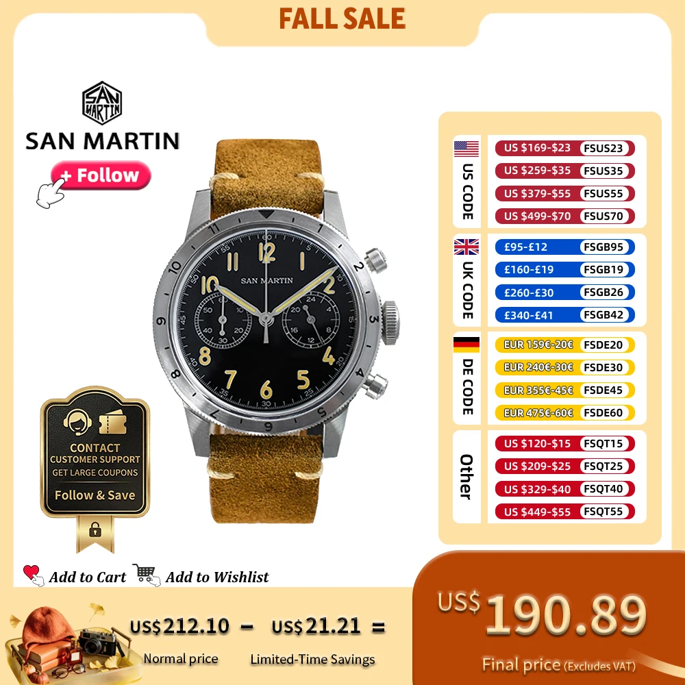 San Martin 39.5mm Vintage Men Watch Military Style VK64 Pilot Type Chronograph Quartz Steel Watches Retro Luminous 10Bar SN0127