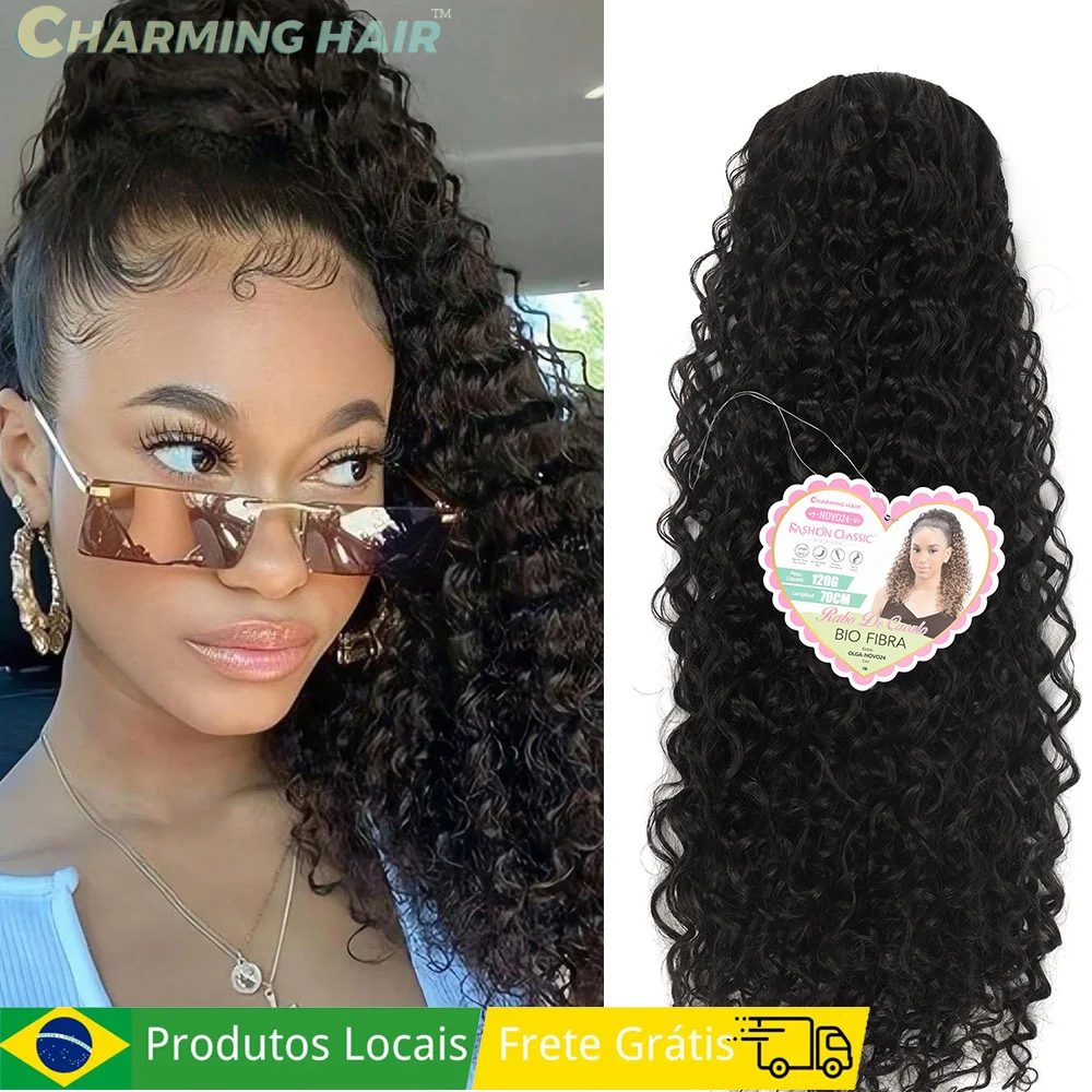 Aplique Rabo de Cavalo Longo Ondas Profundas Cabelo Fibra Proteica Orgânica de Alta Qualidade Afro Cacheado 70cm 120g OLGA-MODA