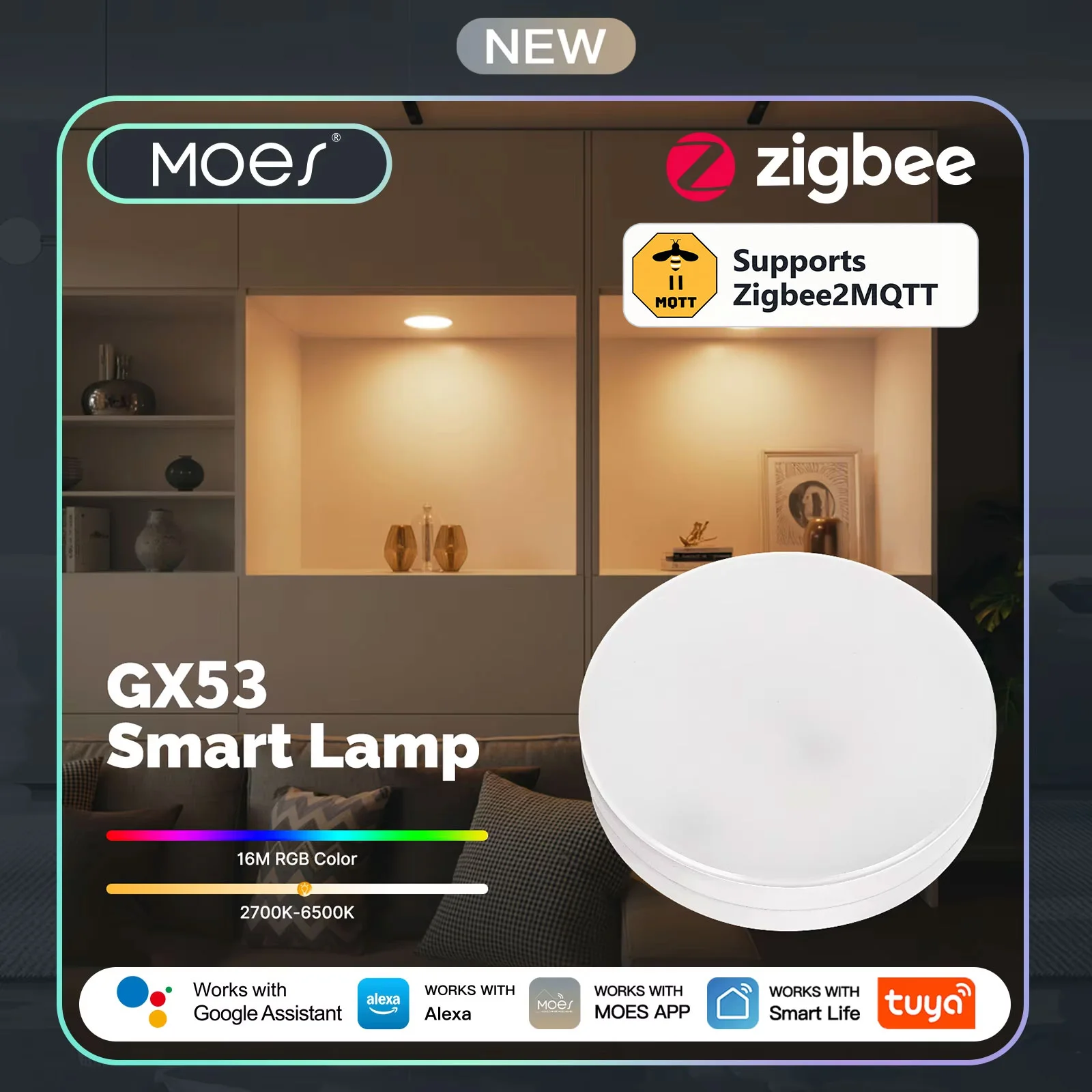 MOES Tuya Zigbee2MQTT 스마트 LED 전구 GX53, 색상 변경 가능, 밝기 조절 가능, 음악 싱크 기능, 레스토랑, 캐비닛, Alexa, Google Home 호환
