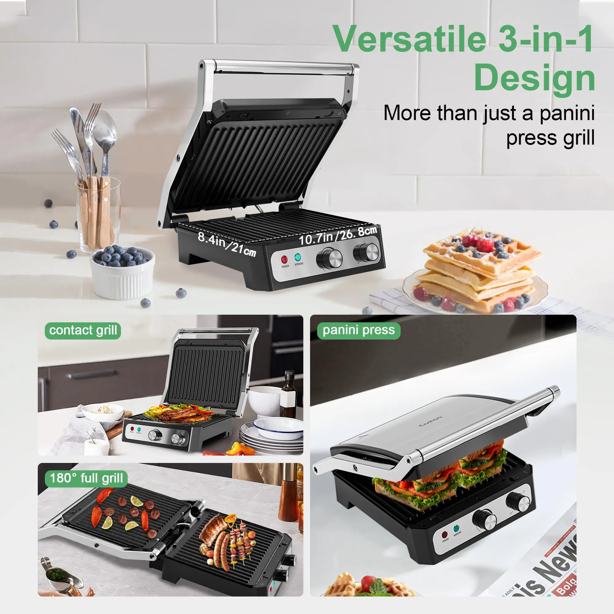 Elektryczny opiekacz do kanapek Panini Press, grill wewnętrzny 1500 W z płytkami powlekanymi powłoką nieprzywierającą, regulacją temperatury i wyjmowaną tacą ociekową