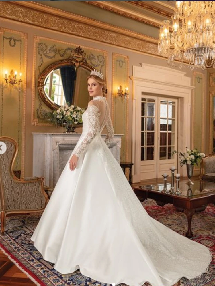 

Princess High Collar Wedding Dresses for Bride Long Sleeves Appliques Illusion Back Floor Length Bridal Gown Vestido De Novia