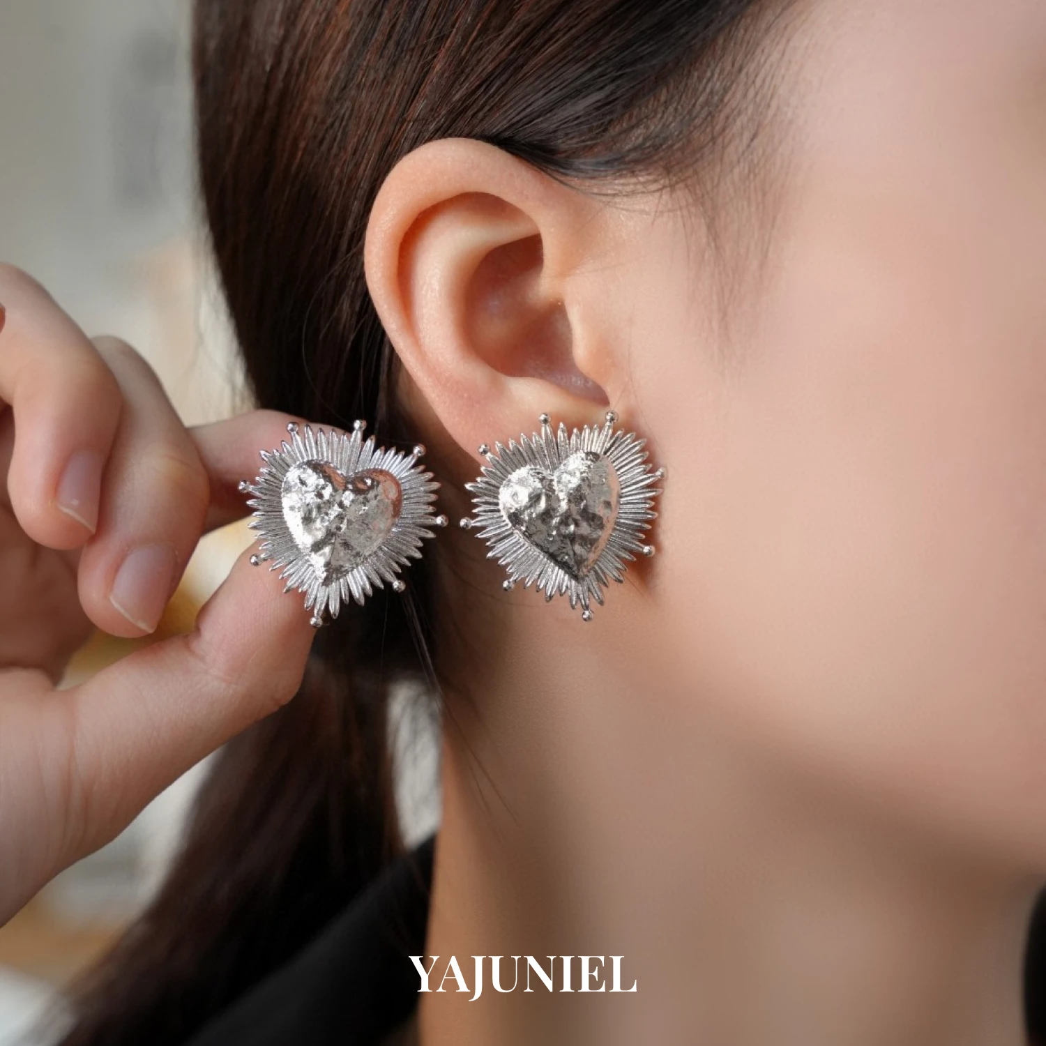 

YAJUNIEL White Gold Plated Sun Heart Stud Earrings for Women Hypoallergenic Textured Heart & Sunburst Statement Earrings