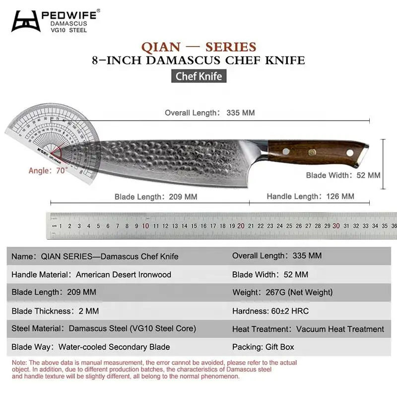 FZIZUO VG10 Damascus Steel Chef Knife 8 Inch Professional Cooking Knife Desert Ironwood Handle