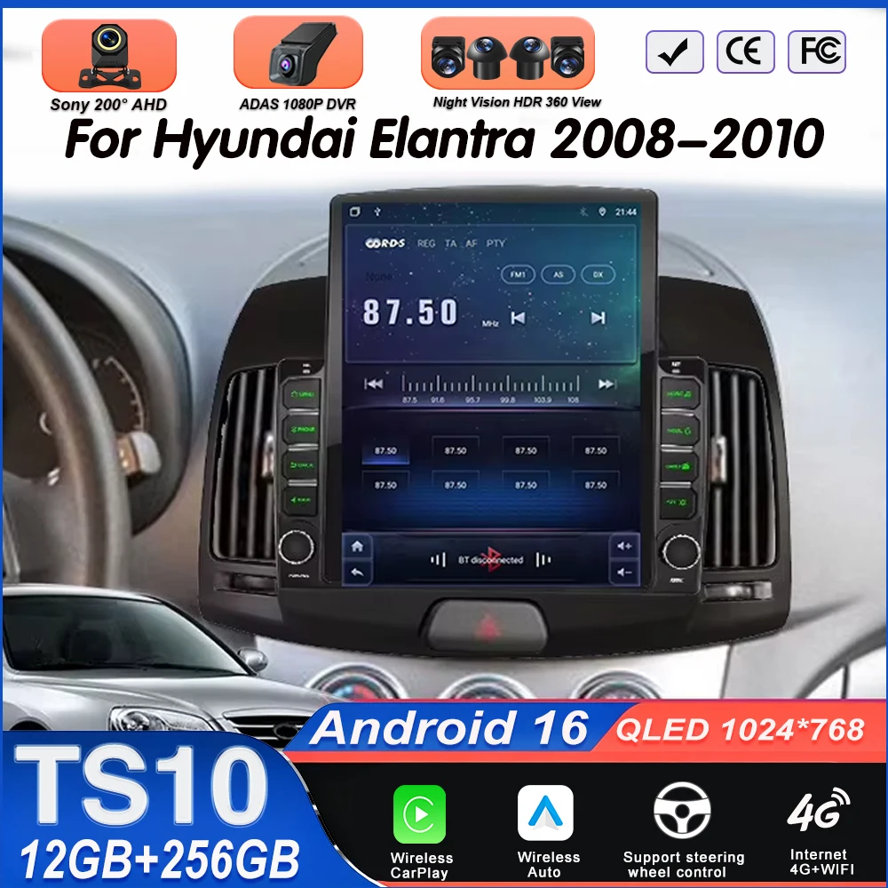 9.7 Inch for Hyundai Elantra 2008-2010 for Tesla Screen Android 16 Car Radio Navigation Video Multimedia Player 4G CarPlay DVD