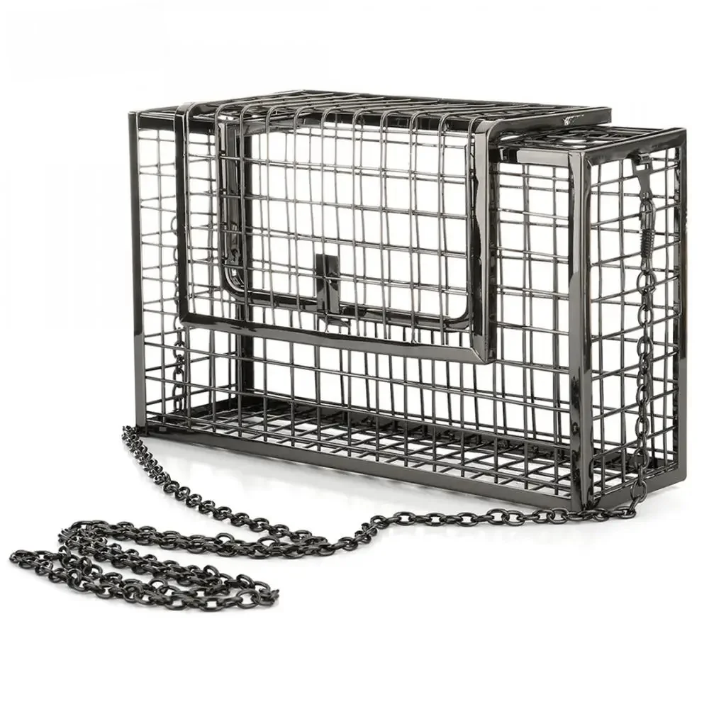 YYW kobiety torba typu Crossbody z łańcuchem żelazna klatka metalowe drążą klatka wieczorne sprzęgło zwięzłe pudełko torba na ramię typu Sling czarny Bolso Mujer — zdjęcie 2