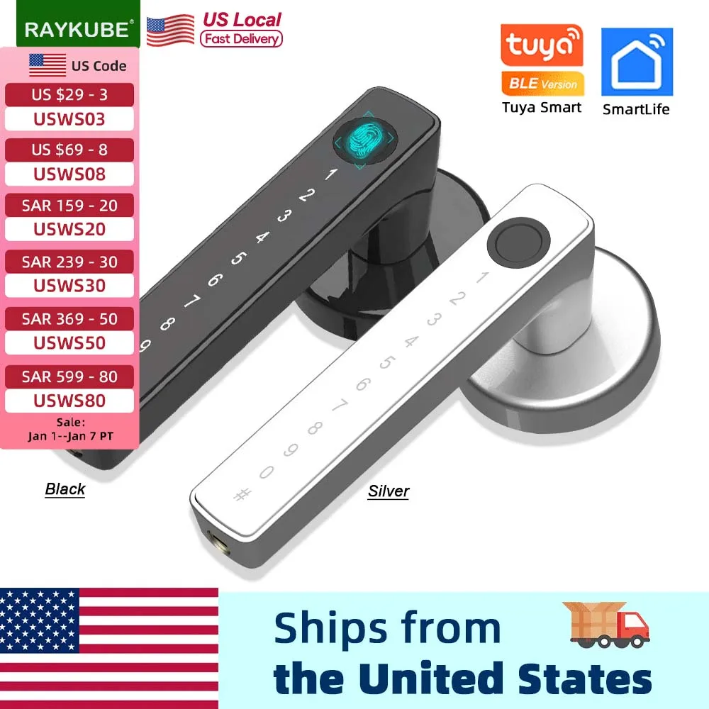 

RAYKUBE M5 Tuya BLE Smart Fingerprint Door Lock Electronic Lock with Password/Key/Tuya APP Unlock Passage Mode From USA. Local