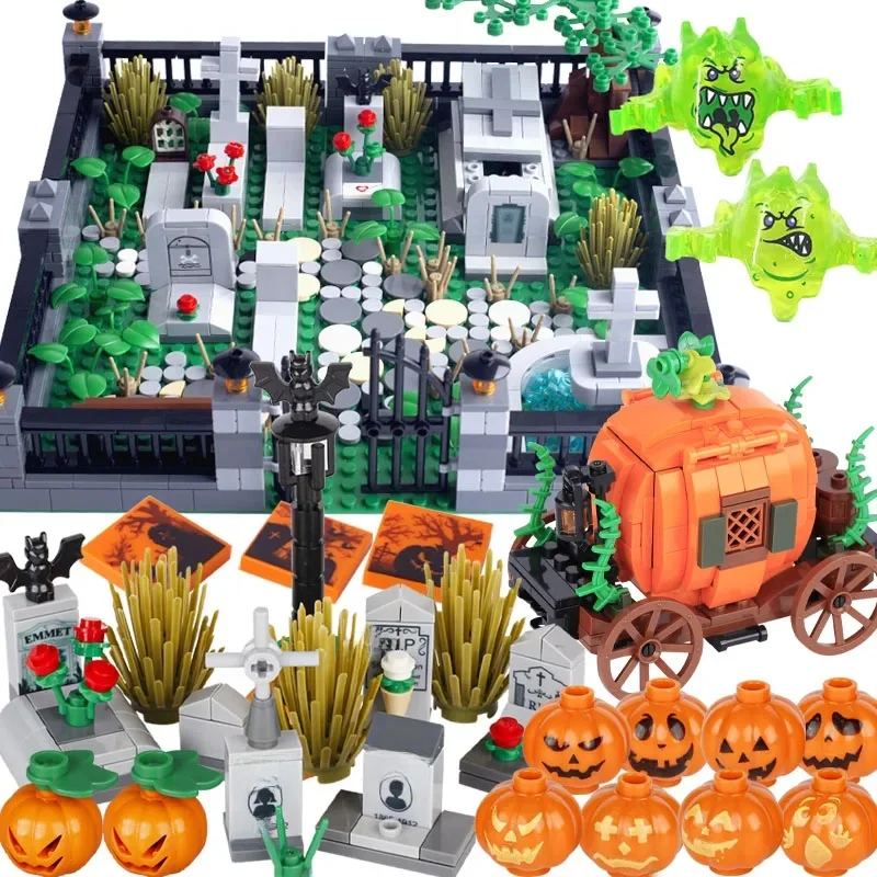 MOC – blocs de construction tête fantôme, Halloween, esprits maléfiques verts, accessoires de chariot de citrouille, briques, jouets, cadeau pour garçons
