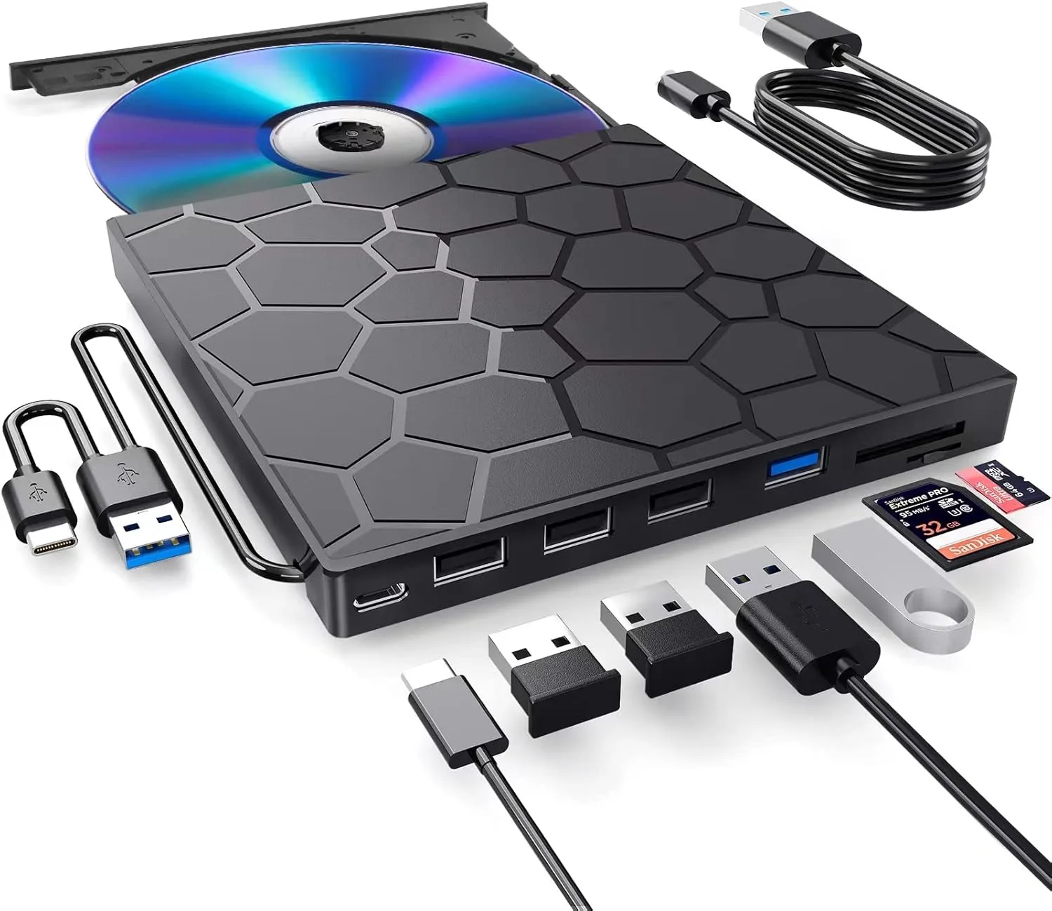 

External DVD Drive USB 3.0 Type-C Portable CD/DVD Burner RW Optical Drive with SD/TF Card Slot Plug and Play for Laptop Desktop