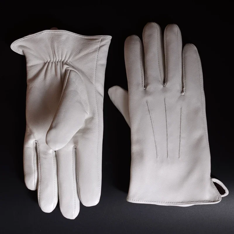 Białe rękawiczki męskie męskie prawdziwej skóry podszyte ciepłe aksamitne etykiety Luvas Hombre zajęcia sceniczne wydajność Guantes Homme — zdjęcie 2