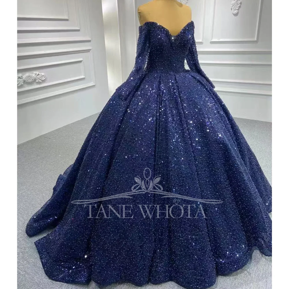 Abito da sera blu navy di lusso 2025 con spalle scoperte maniche lunghe perline abito da ballo con paillettes abiti lunghi da ballo