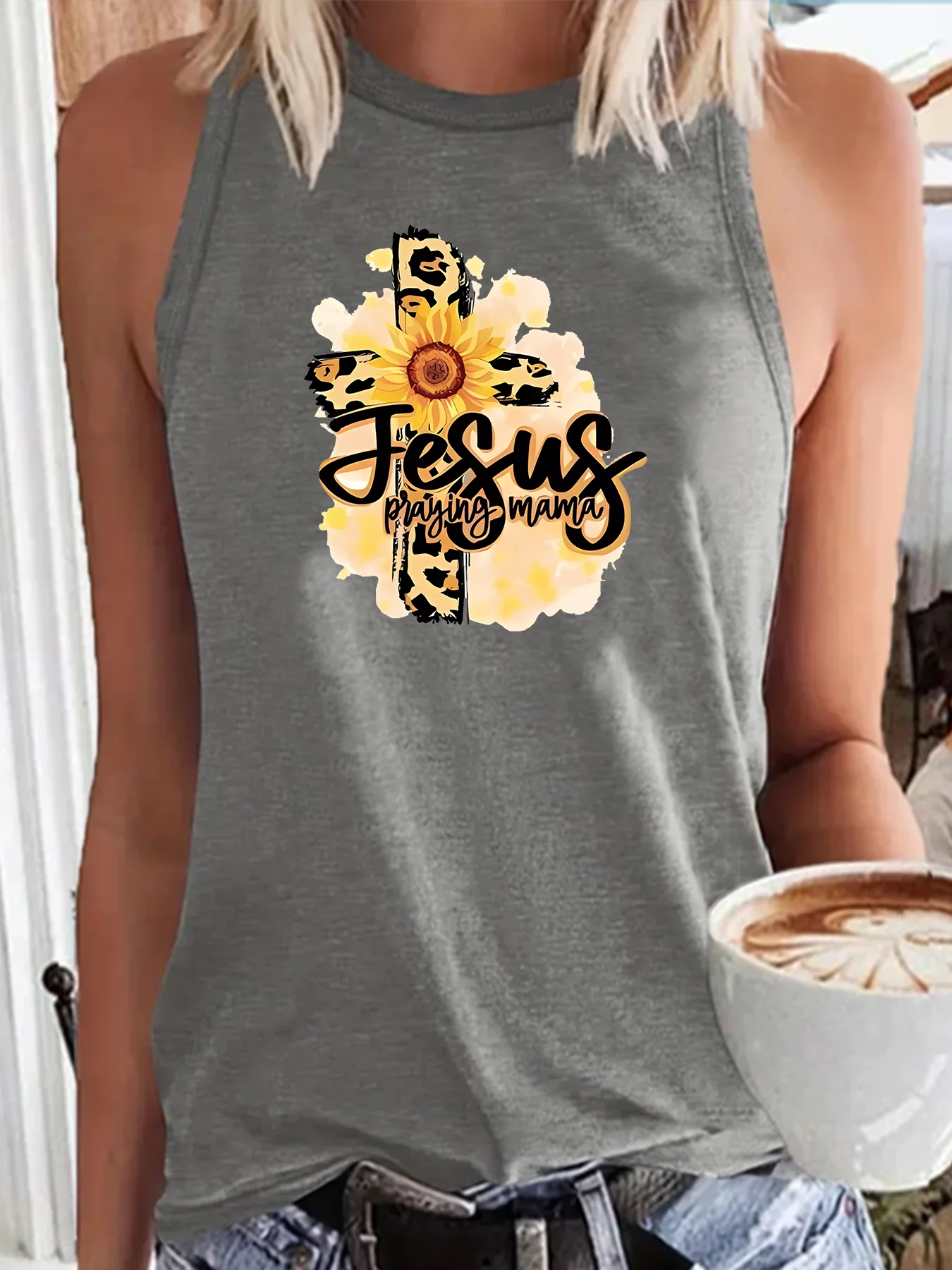 Christianity Jesus Praying Mama Faith Letter Print Fashion Funny Sports Women's Tank Top Loose O Neck Sleeveless Casual Tank