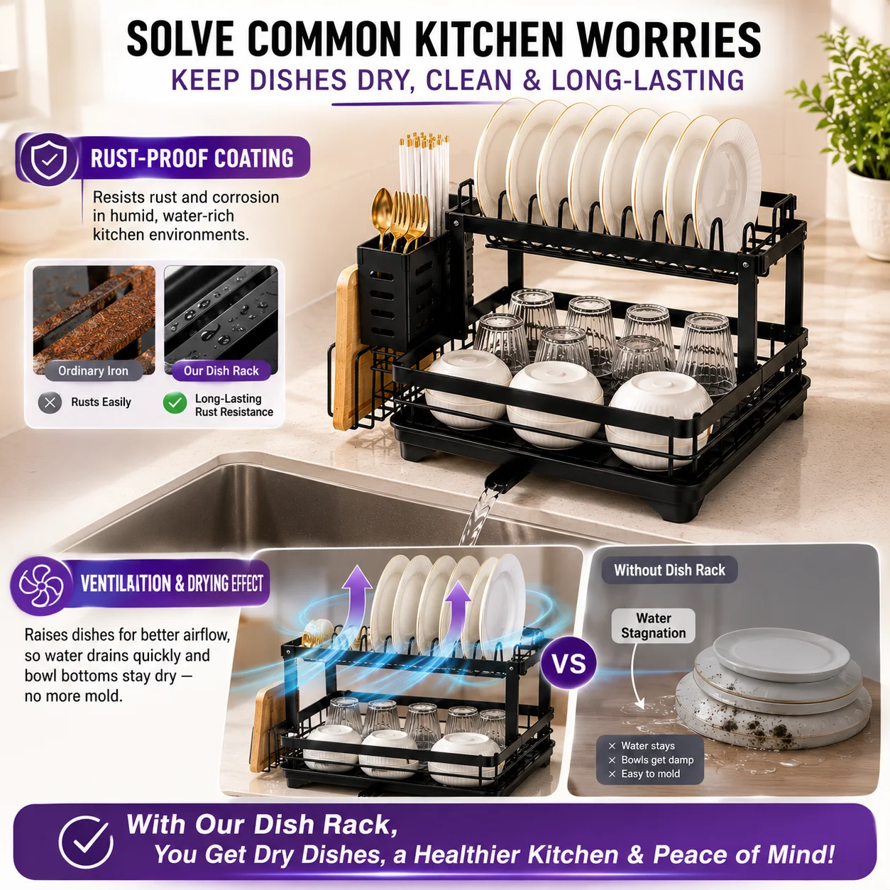 This Black One-Level Organizer Rack Features A Durable Coating And Non-Slip Feet To Keep Your Kitchen Neat And Tidy