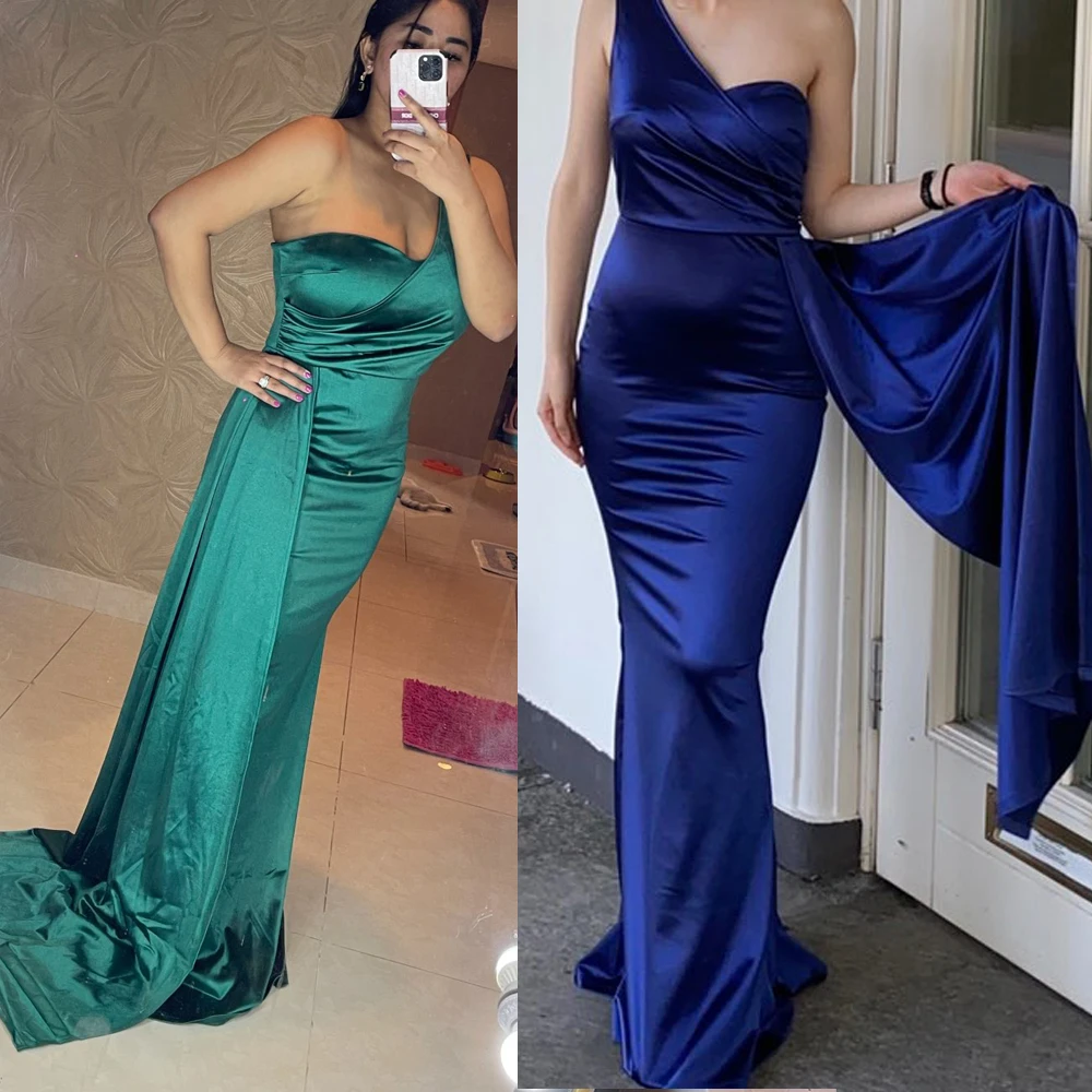 One Shoulder Padded Sexy Satin Ruched Bridesmaids Dress Side Train Sleeveless Bodycon Evening Night Party Gown Burgundy Green