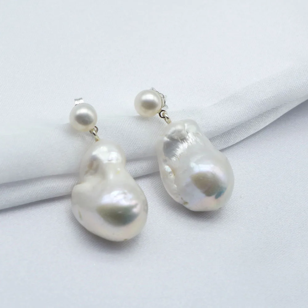 Baroque Pearl Earrings Large Drop Shape White Natural Freshwater Pearl Pendant 925 Sterling Silver Women\'s Earrings