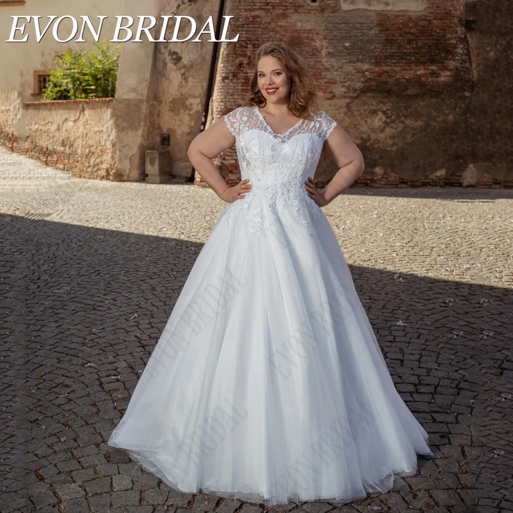 

EVON BRIDAL Vintage Cap Sleeves Wedding Gowns Plus Size Applique Bridal Dress Tulle A-Line V-Neck Lace vestidos de novia