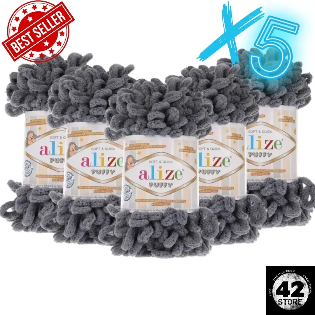 Soft Hand Knitting Yarn, Knitting Without Crochet or Needle, Pack of 5 - 87 Dark Gray - 100 Gr. 9 Mt. Alize Puffy