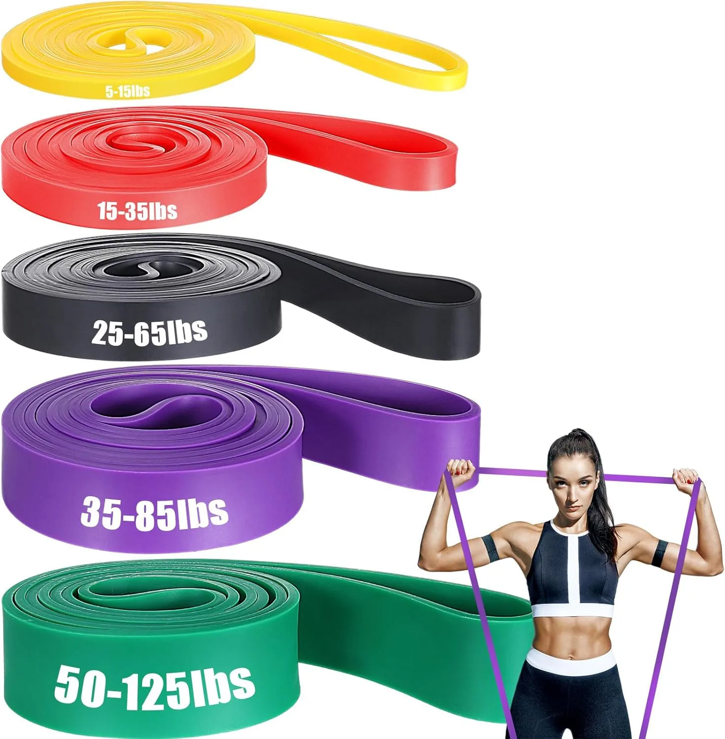 5er Set Fitness Widerstandsbänder aus TPE, 5 Stufen Zugbänder geruchsneutral rutschfest für Yoga Pilates Kraft‑ & Dehnübungen